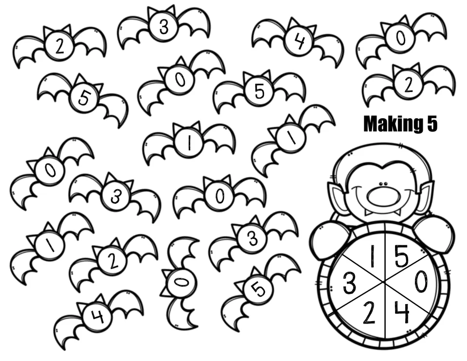 Making 5 game board: students spin a 0-5 vampire spinner and color the bat whose number completes 5, practising sums to 5