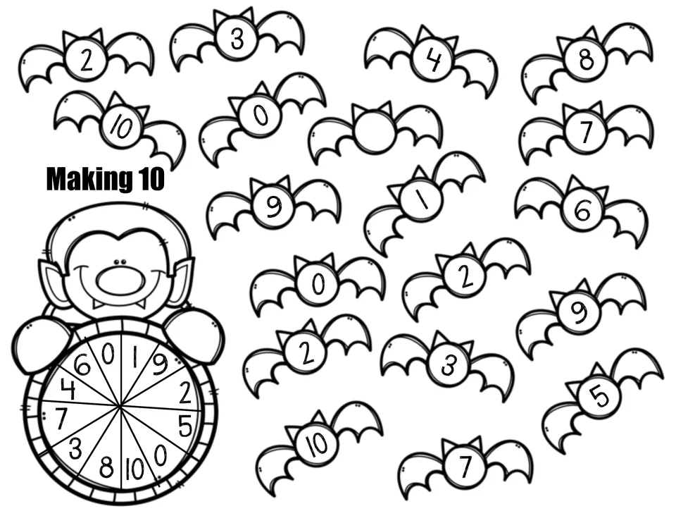 Making 10 game board: students spin a 0-10 spinner and cover the bat whose number completes 10, practising pairs to 10