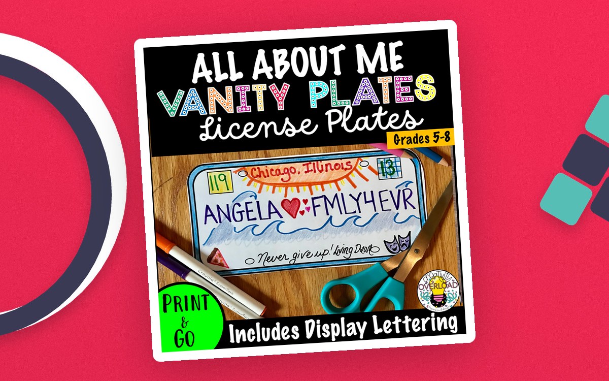 All About Me Vanity Plates cover with a completed Illinois-style student plate, art supplies, Grades 5–8 label, and display-lettering note.