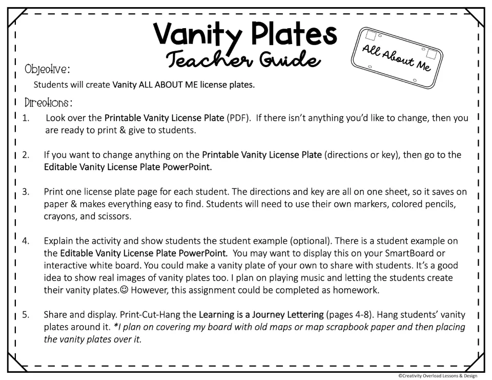 Vanity plates teacher guide: objective and five steps to print, explain, create and display All About Me license plates