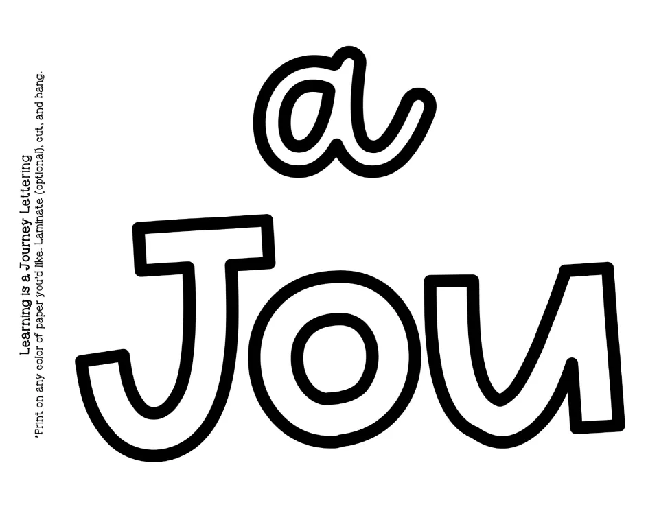 Display lettering cut-out piece: the word a and outlined letters J-o-u, the start of Journey in the bulletin title