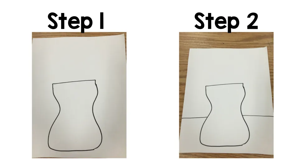 Art project steps 1–2: draw the curved vase outline, then add a tabletop edge behind the vase