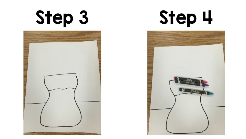 Art project steps 3–4: add a wavy water level inside the vase, then select three colors of crayons