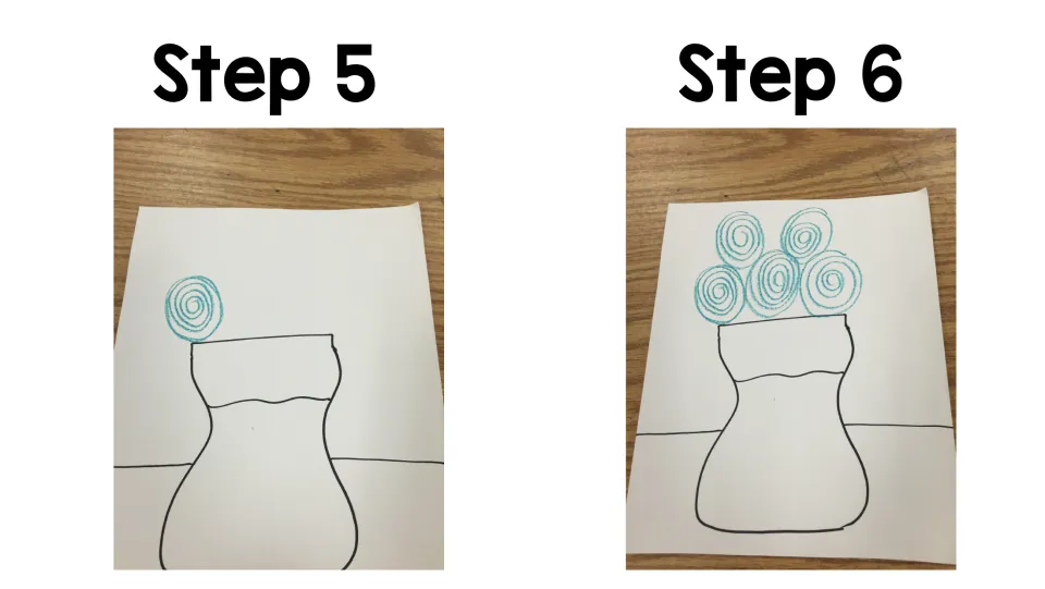 Art project steps 5–6: draw one spiral flower above the vase, then add four more for five flowers