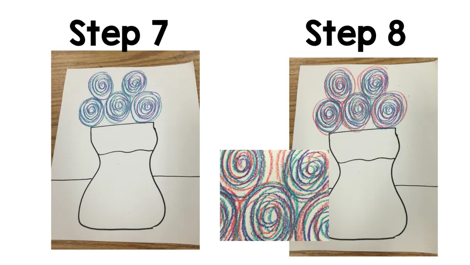 Art project steps 7–8: layer purple and pink crayon spirals over the five flowers above the vase