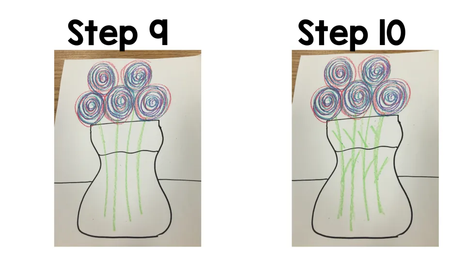 Art project steps 9–10: draw green stems from the five flowers into the vase, then add angled leaves