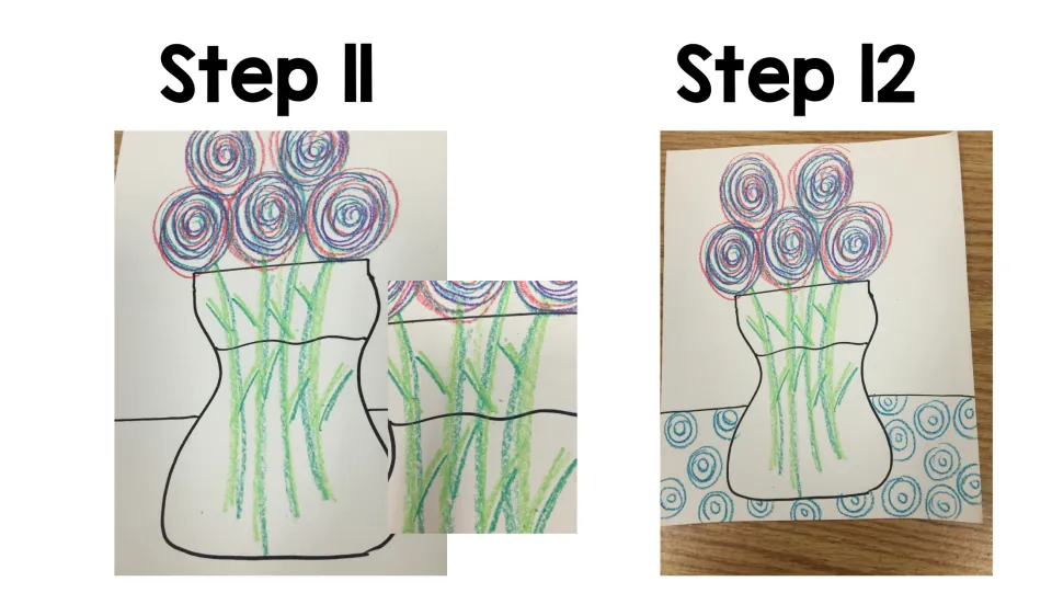 Art project steps 11–12: add darker green to the stems and leaves, then draw spirals on the tabletop
