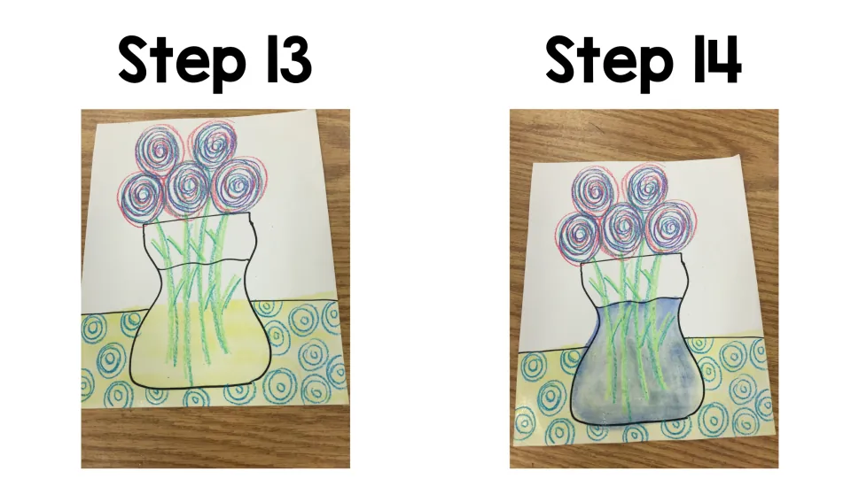 Art project steps 13–14: add a yellow wash across the tabletop and lower vase, then color the water blue
