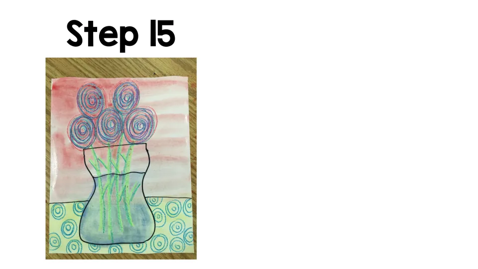 Art project step 15: finish the flower vase artwork with pink horizontal washes in the background