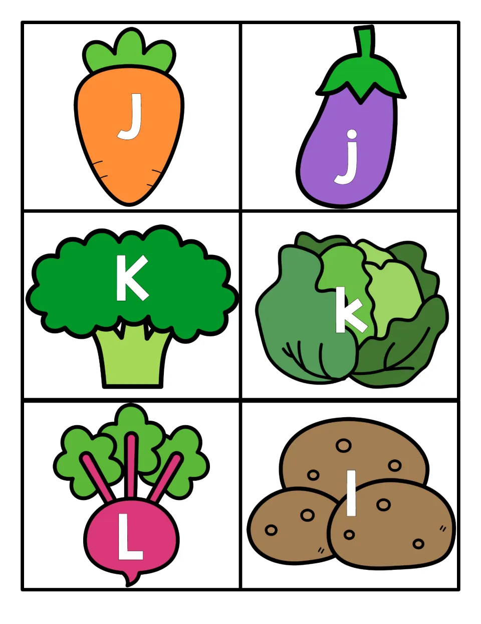 Letters J to L: J on a carrot, K on broccoli and L on a beet, next to j, k, l on an eggplant, cabbage and potatoes