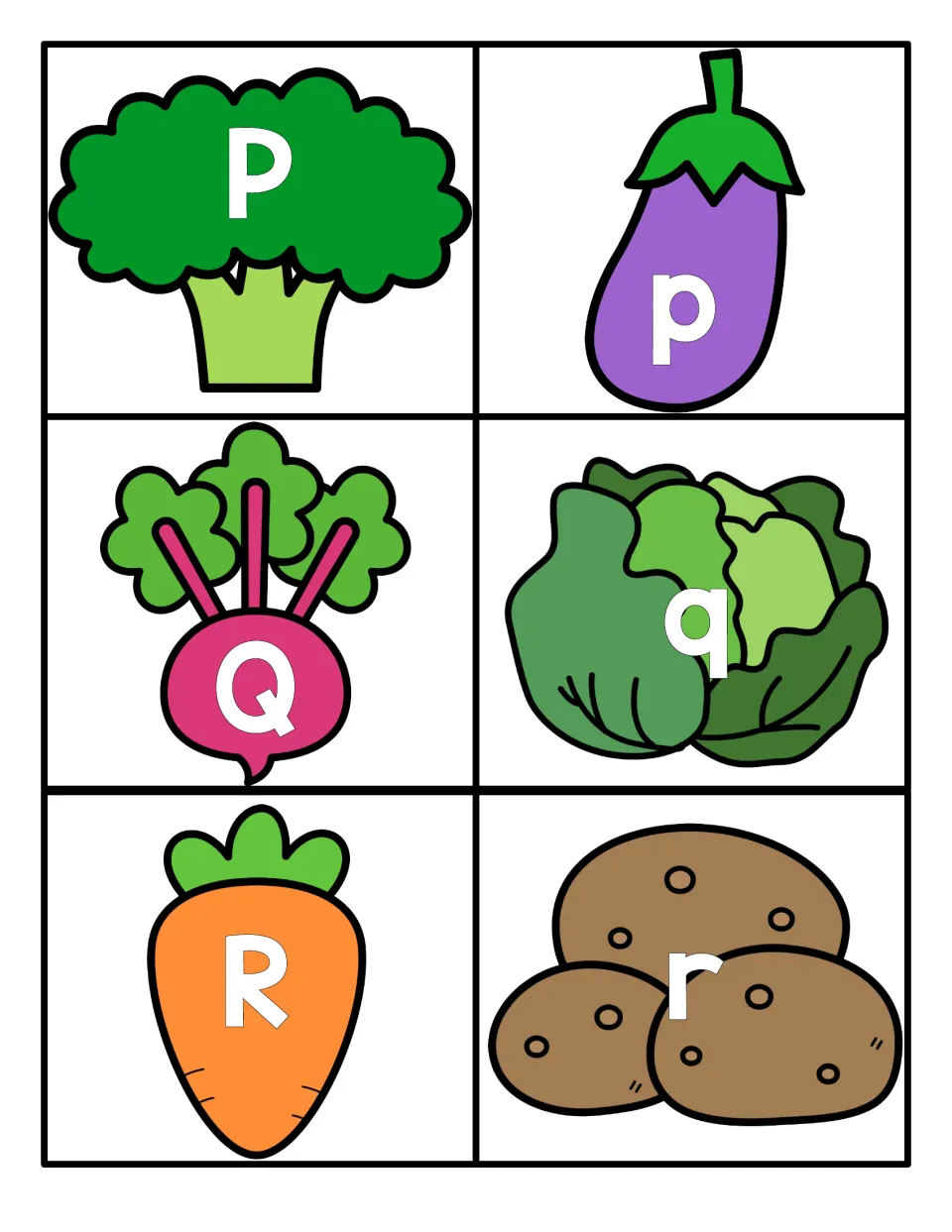 Letters P to R: P on broccoli, Q on a beet and R on a carrot, to pair with p, q, r on eggplant, cabbage and potatoes