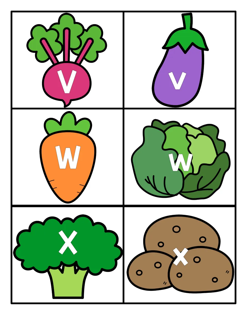 Letters V to X: capital V on a beet, W on a carrot and X on broccoli, plus v, w, x on an eggplant, cabbage and potatoes