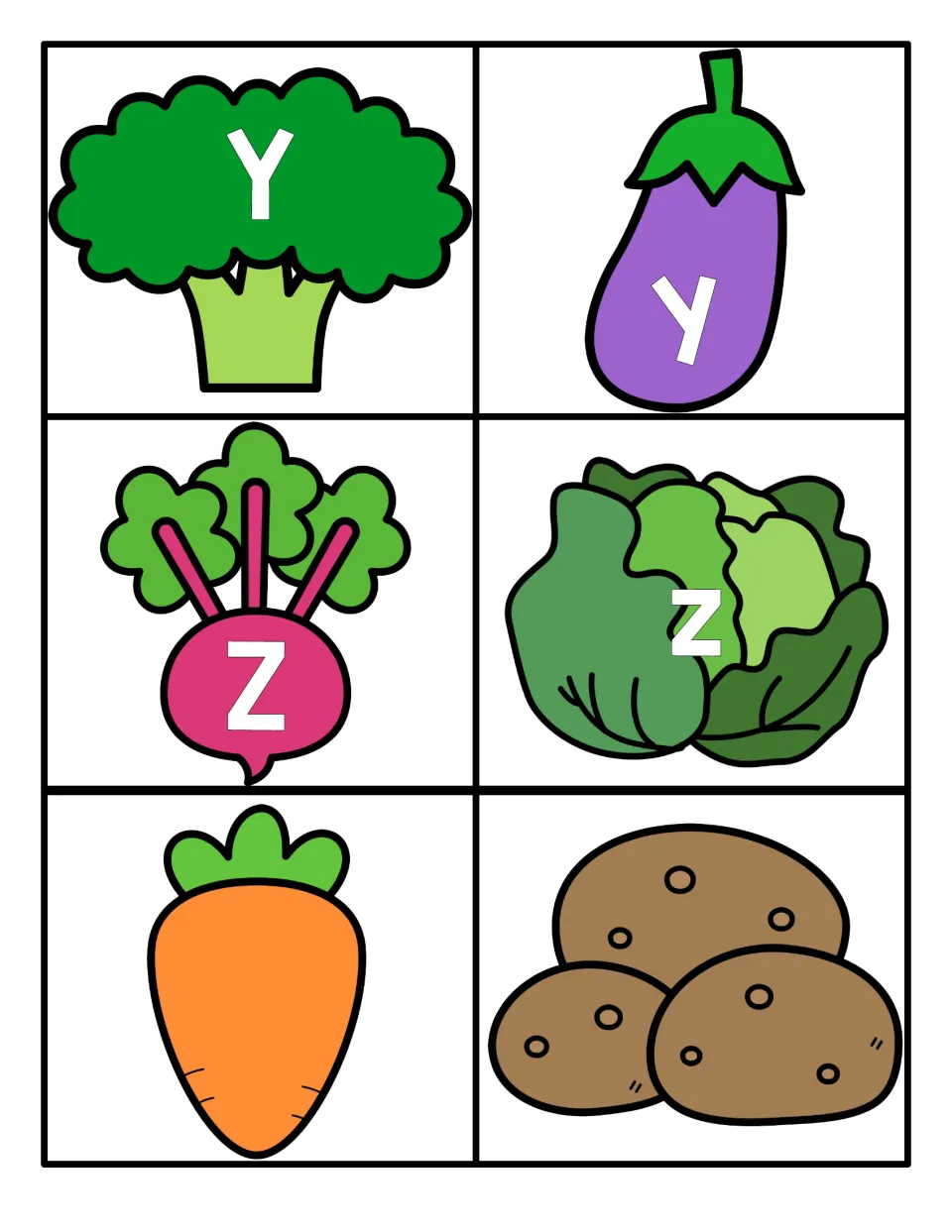 Letters Y and Z: Y on broccoli and Z on a beet matched to y and z on an eggplant and cabbage, plus blank carrot and potato