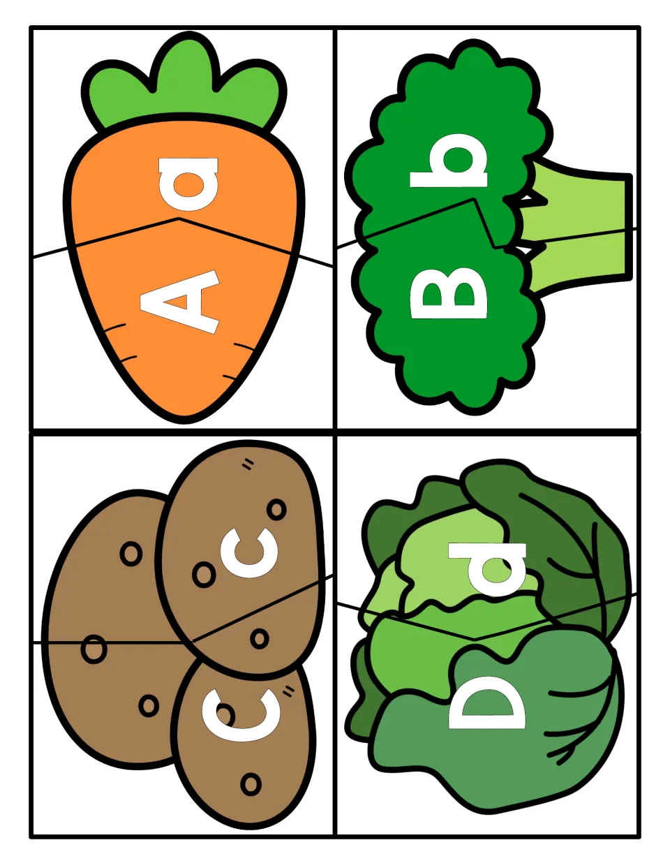 Letters A to D: two-piece carrot, broccoli, potato and cabbage puzzles matching each uppercase letter to its lowercase