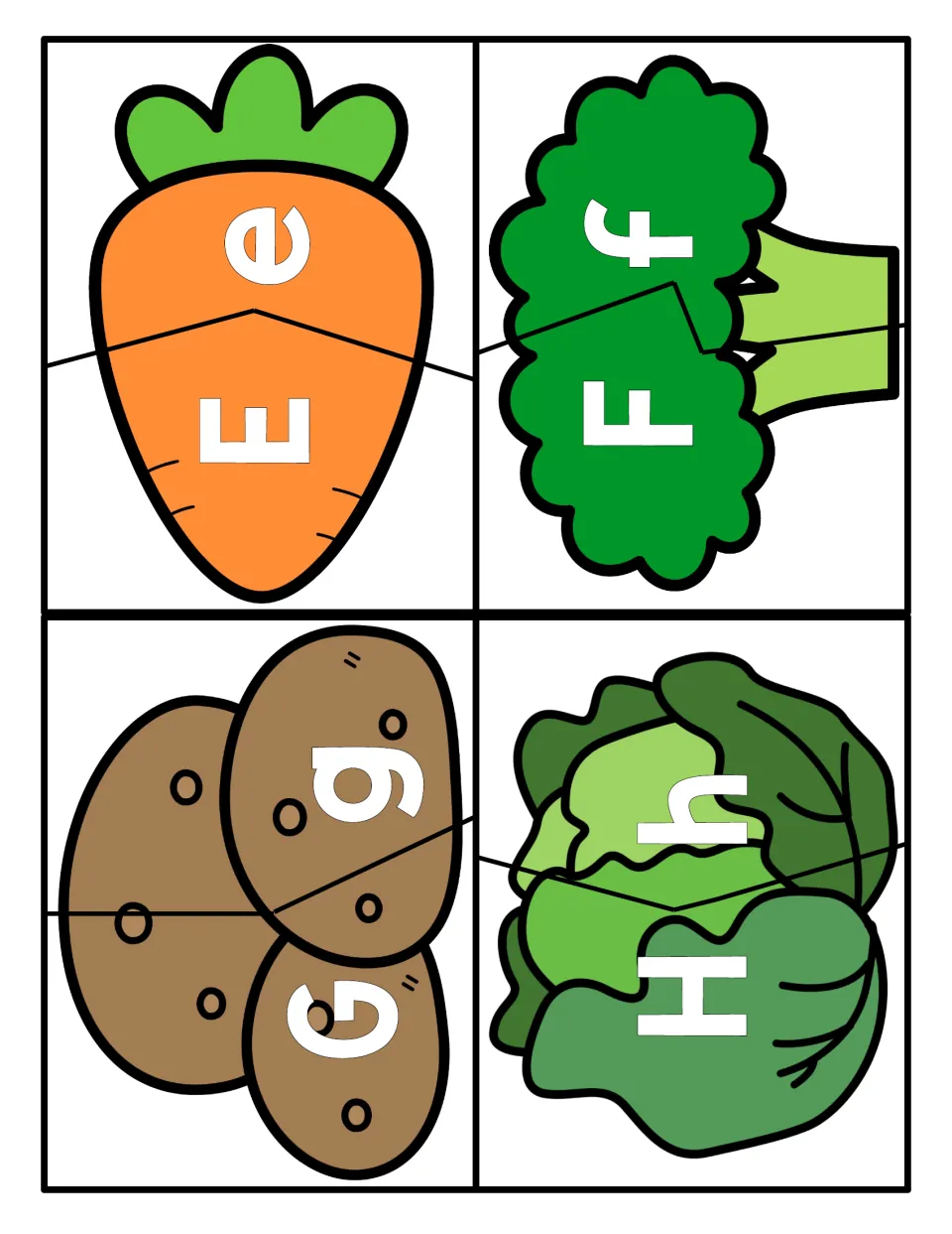 Letters E to H: split vegetable puzzles where students join uppercase E, F, G, H to lowercase e, f, g, h