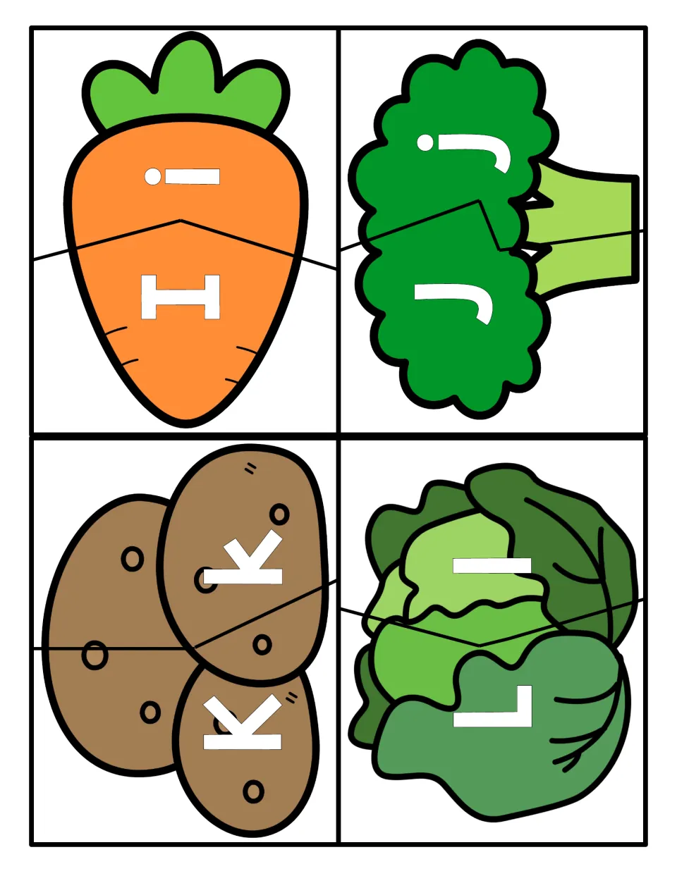 Letters I to L: carrot, broccoli, potato and cabbage puzzles pairing capital I, J, K, L with lowercase partners