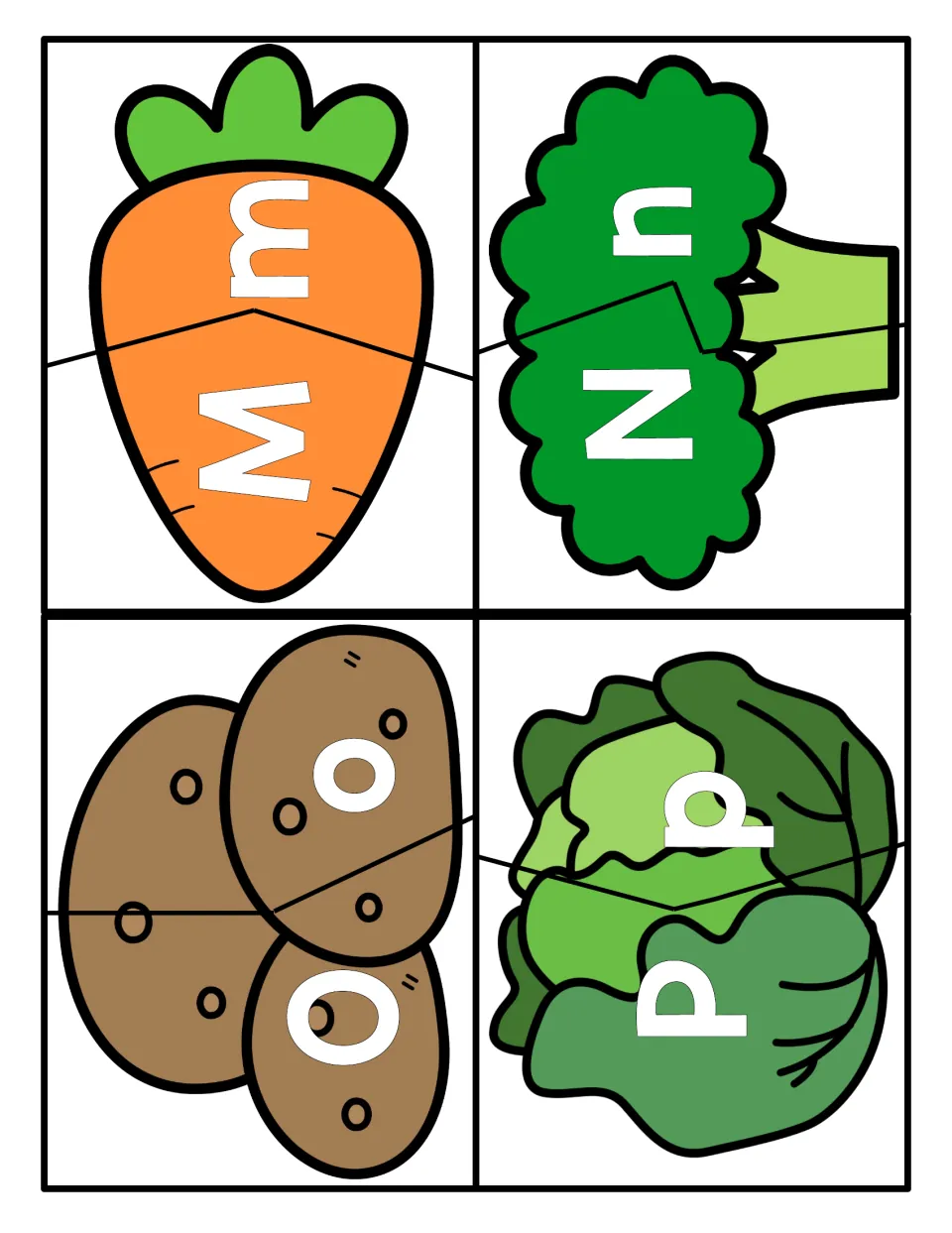 Letters M to P: two-part vegetable puzzles for matching uppercase M, N, O, P with lowercase m, n, o, p