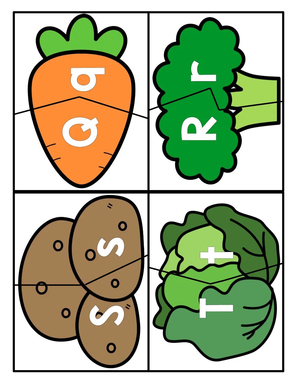 Letters Q to T: carrot, broccoli, potato and cabbage halves pairing capital Q, R, S, T with their lowercase forms