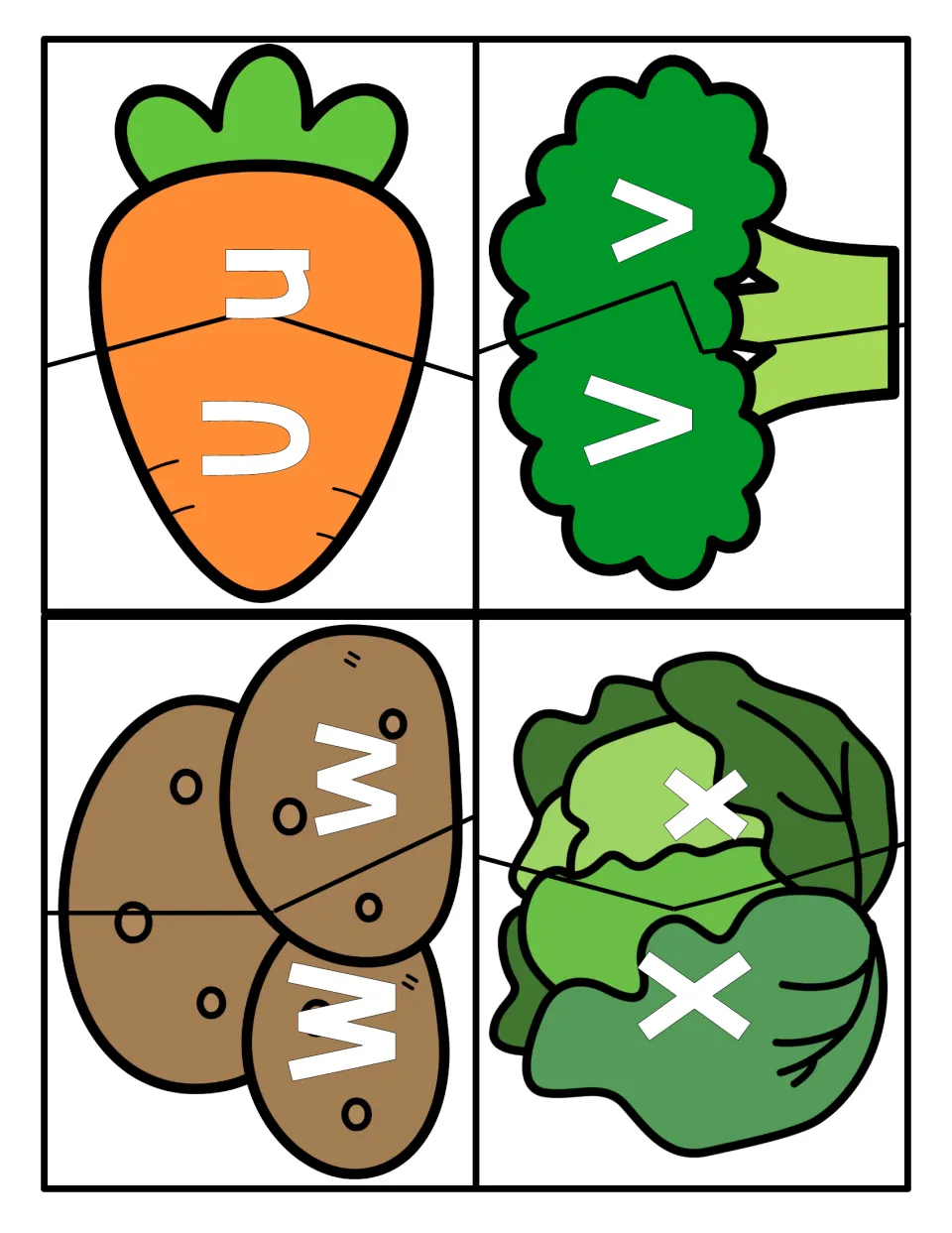 Letters U to X: split vegetable puzzles where students match uppercase U, V, W, X to lowercase u, v, w, x