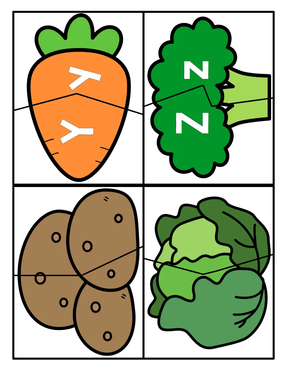 Letters Y and Z: carrot and broccoli puzzles pairing Y with y and Z with z, plus blank potato and cabbage puzzles