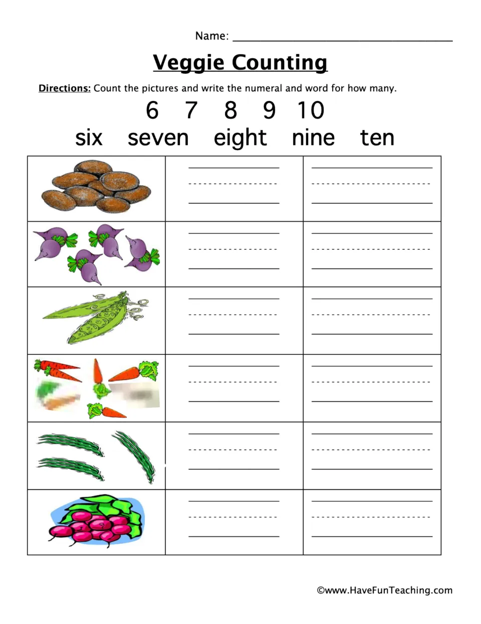 Vegetable counting practice: count six groups of vegetables and write numerals and number words from 6 to 10.