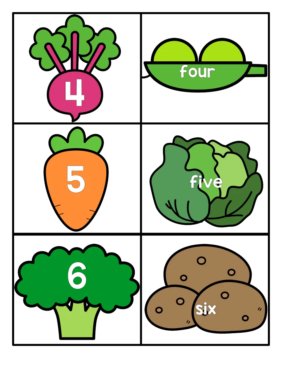 Numbers 4 to 6: numeral cards on a beet, carrot and broccoli to match with the word cards four, five and six on vegetables