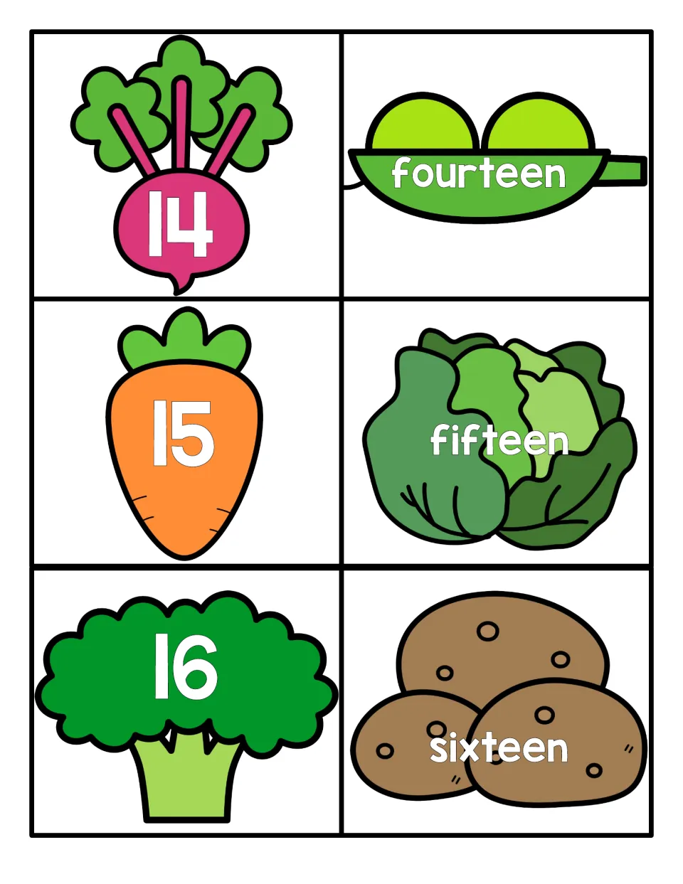 Teen numbers 14 to 16: numeral cards on a beet, carrot and broccoli paired with fourteen, fifteen and sixteen word cards