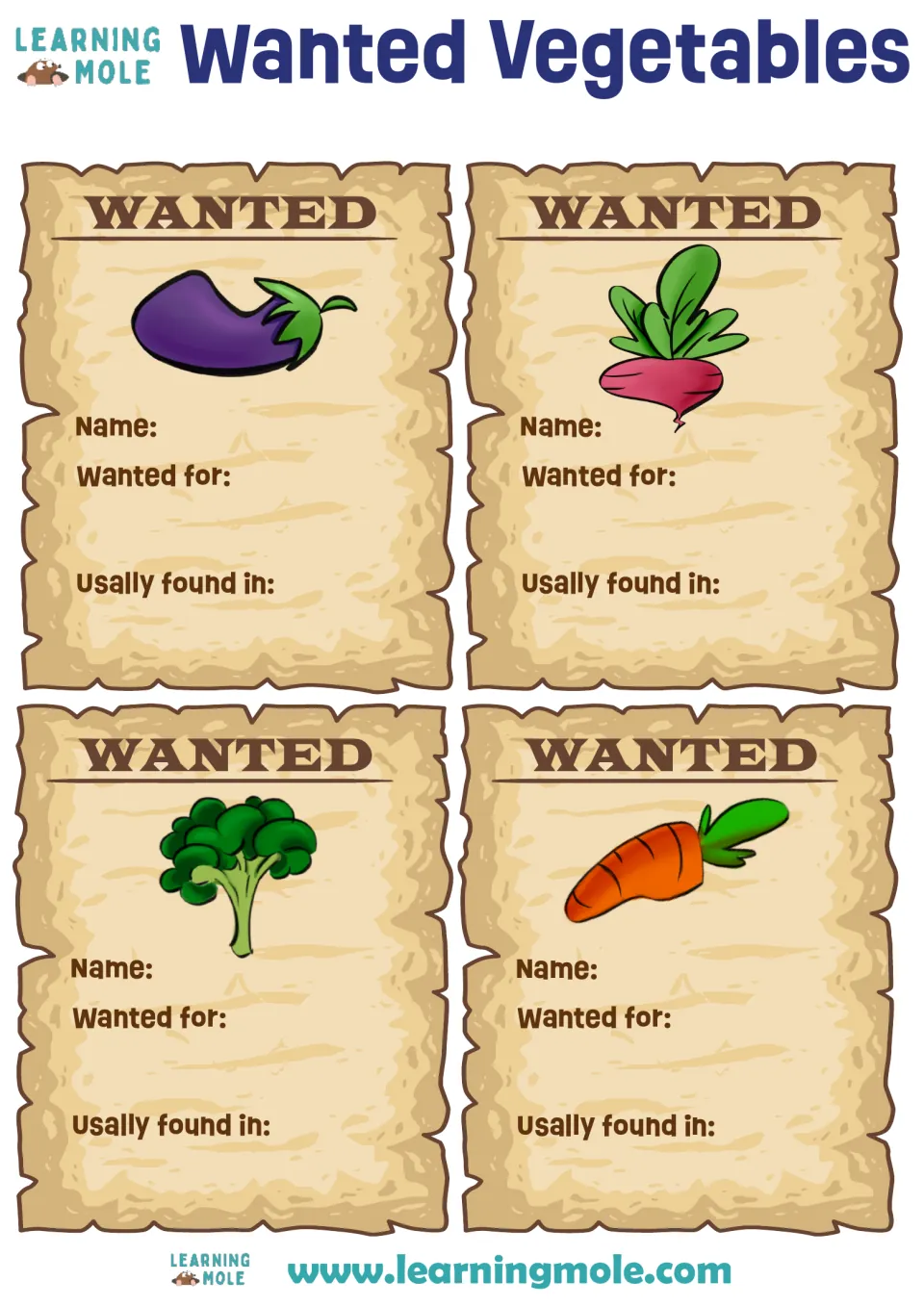 Wanted vegetable posters for eggplant, beet, broccoli and carrot: students fill in name, why wanted and where usually found