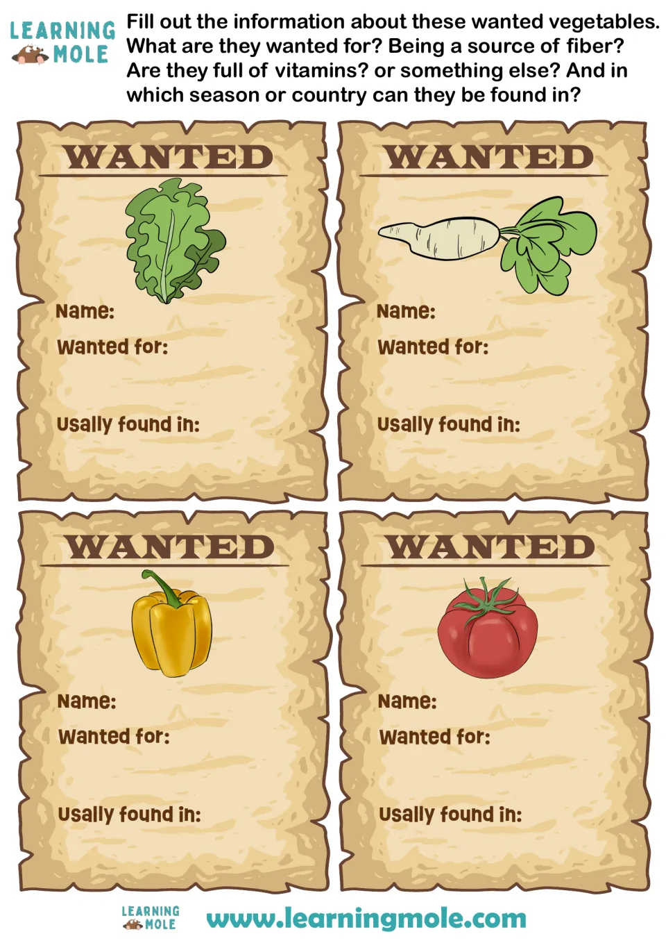Wanted posters for lettuce, white radish, yellow pepper and tomato: students note fiber, vitamins and season or country