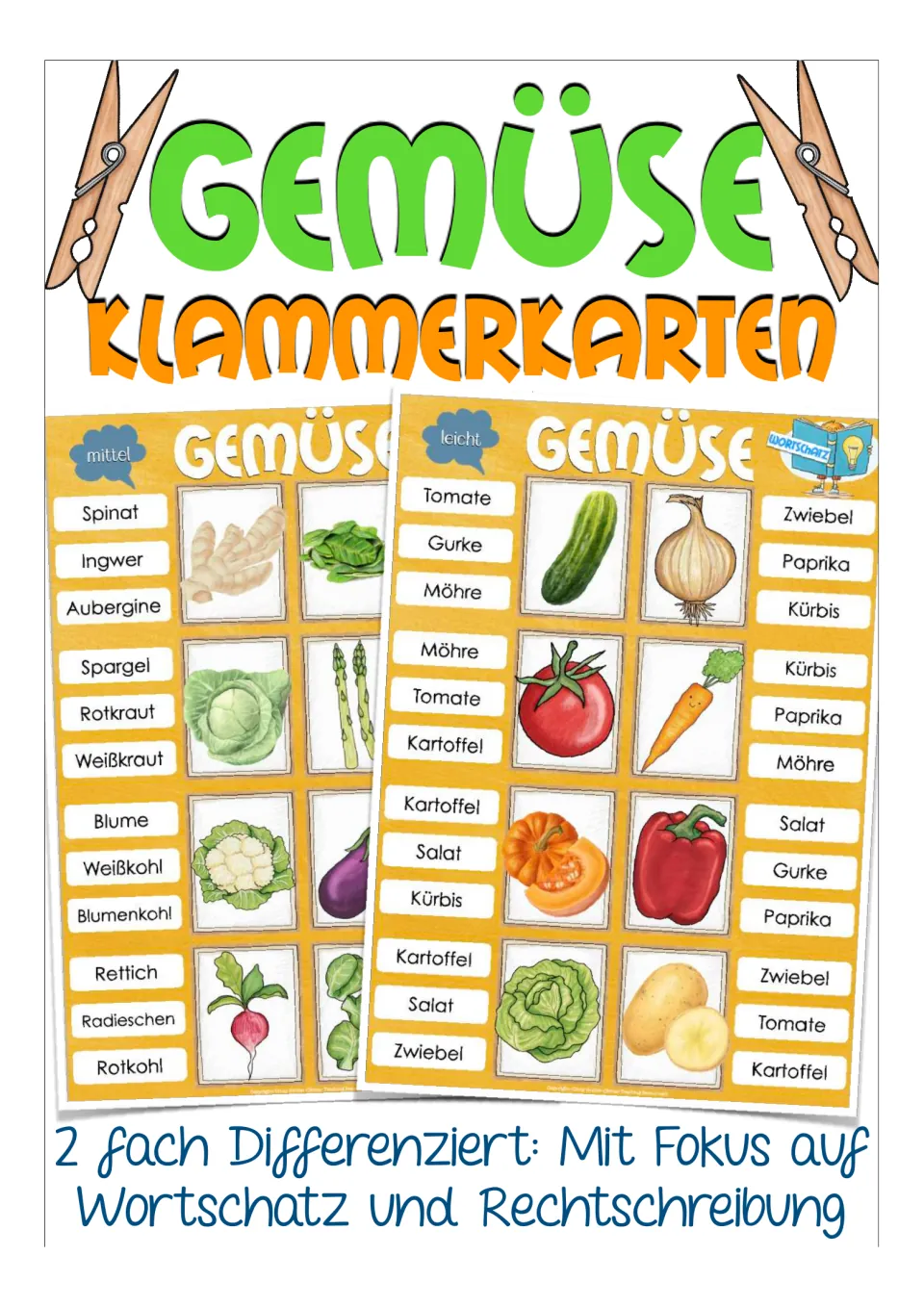 Cover of the German vegetable clip-card resource, showing vocabulary samples and two difficulty levels