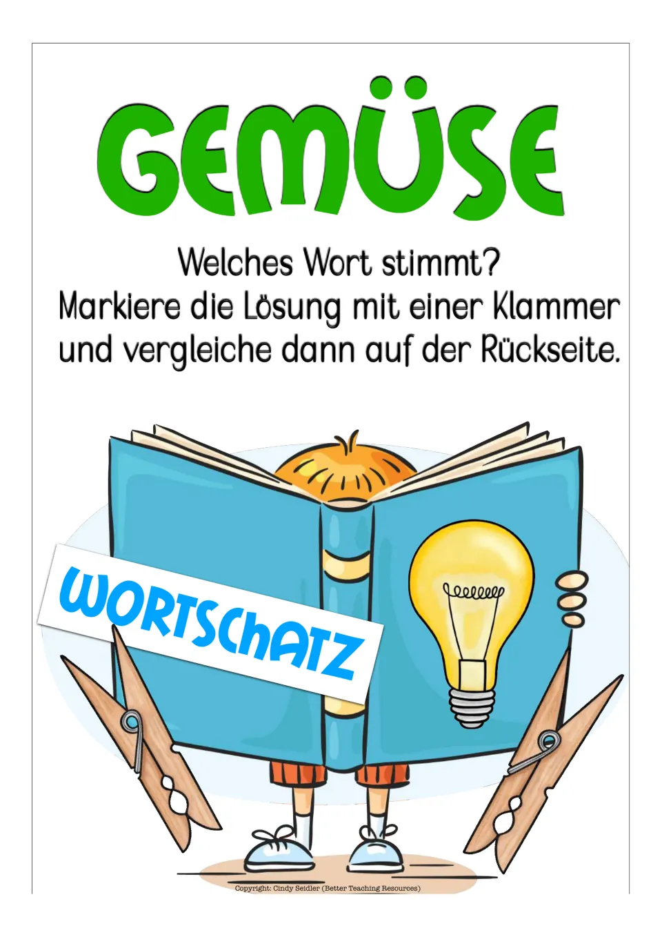 Vocabulary instructions: choose the correct vegetable word, mark it with a clip, and check the reverse