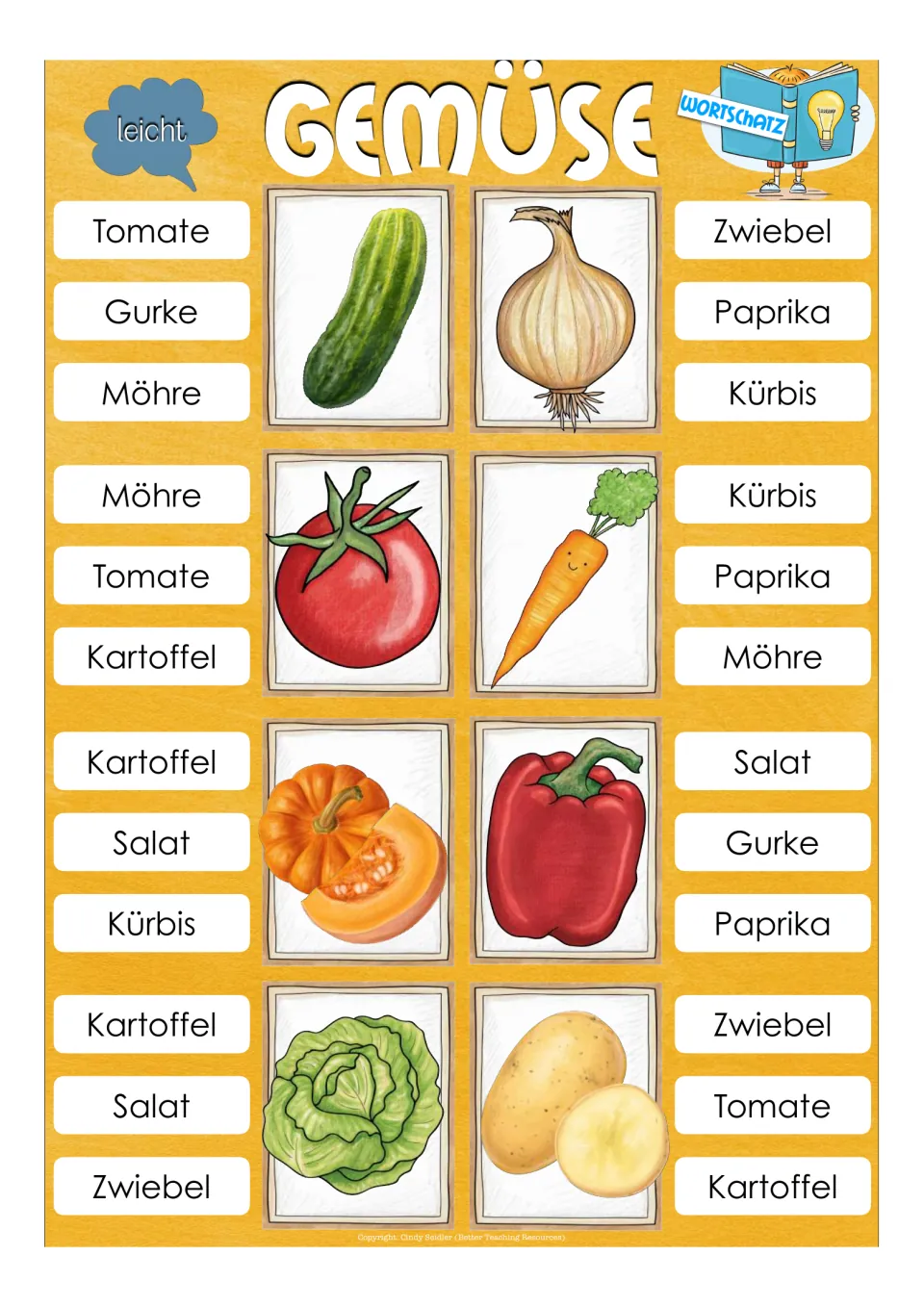 Easy vocabulary clip cards for Gurke (cucumber), Zwiebel (onion), Tomate (tomato), and five more vegetables