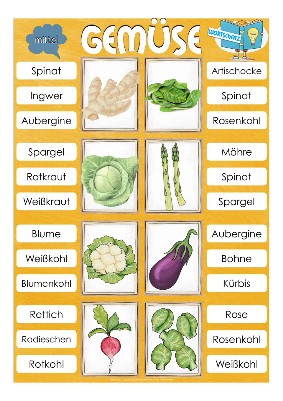 Medium vocabulary clip cards for Ingwer (ginger), Spinat (spinach), Spargel (asparagus), and five more