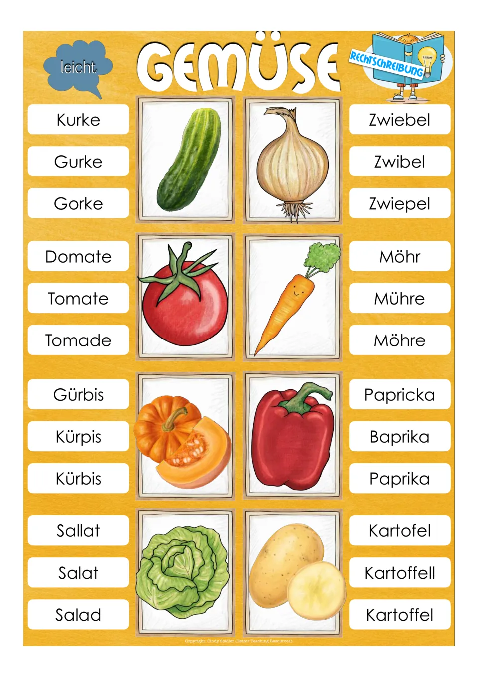 Easy spelling clip cards for eight vegetables, including Gurke (cucumber) with choices Kurke, Gurke, Gorke
