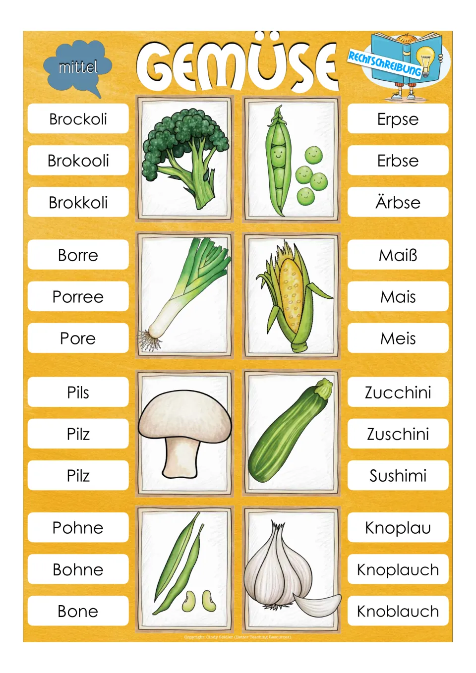 Medium spelling clip cards for Brokkoli (broccoli), Erbse (pea), Porree (leek), and five more vegetables