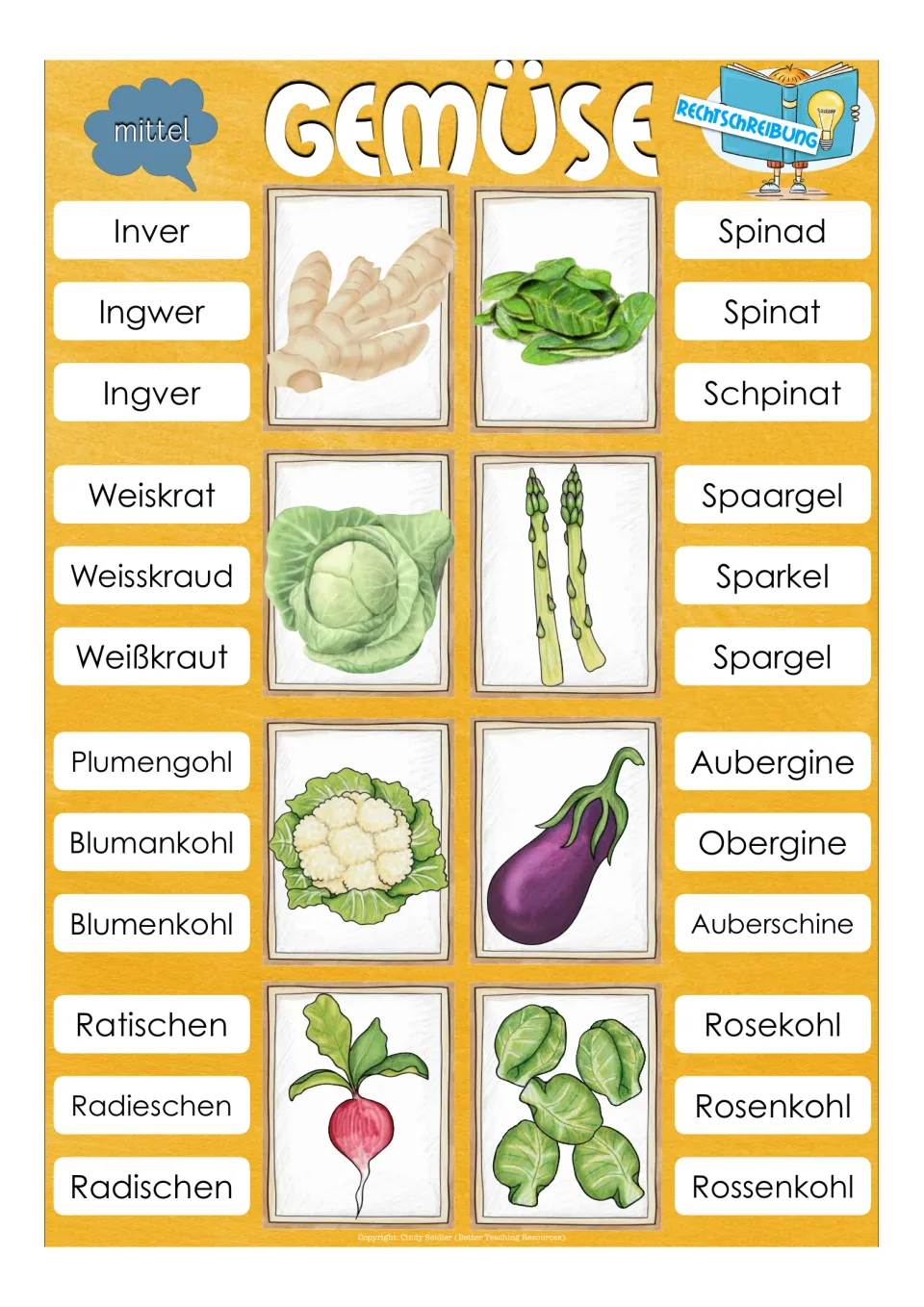 Medium spelling clip cards for Ingwer (ginger), Spinat (spinach), Spargel (asparagus), and five more