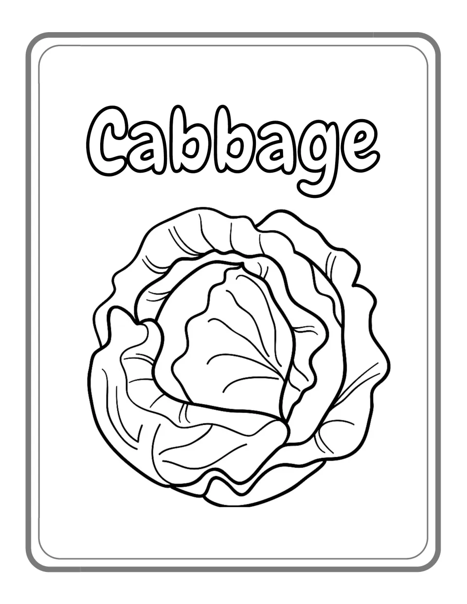 Cabbage coloring page: students color a whole cabbage drawn with layers of ruffled, veined leaves under its name