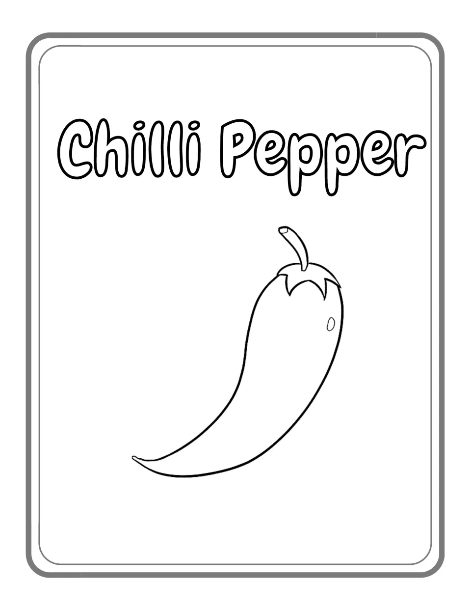 Chilli Pepper coloring page: students color one long curved chilli with a stem and leafy cap beneath the bubble title