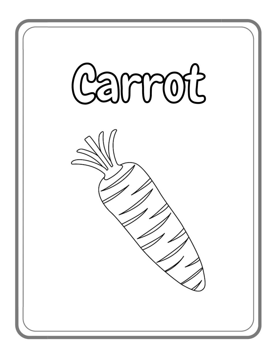 Carrot coloring page: students color a striped carrot with a tuft of leafy greens at the top, labeled with its name