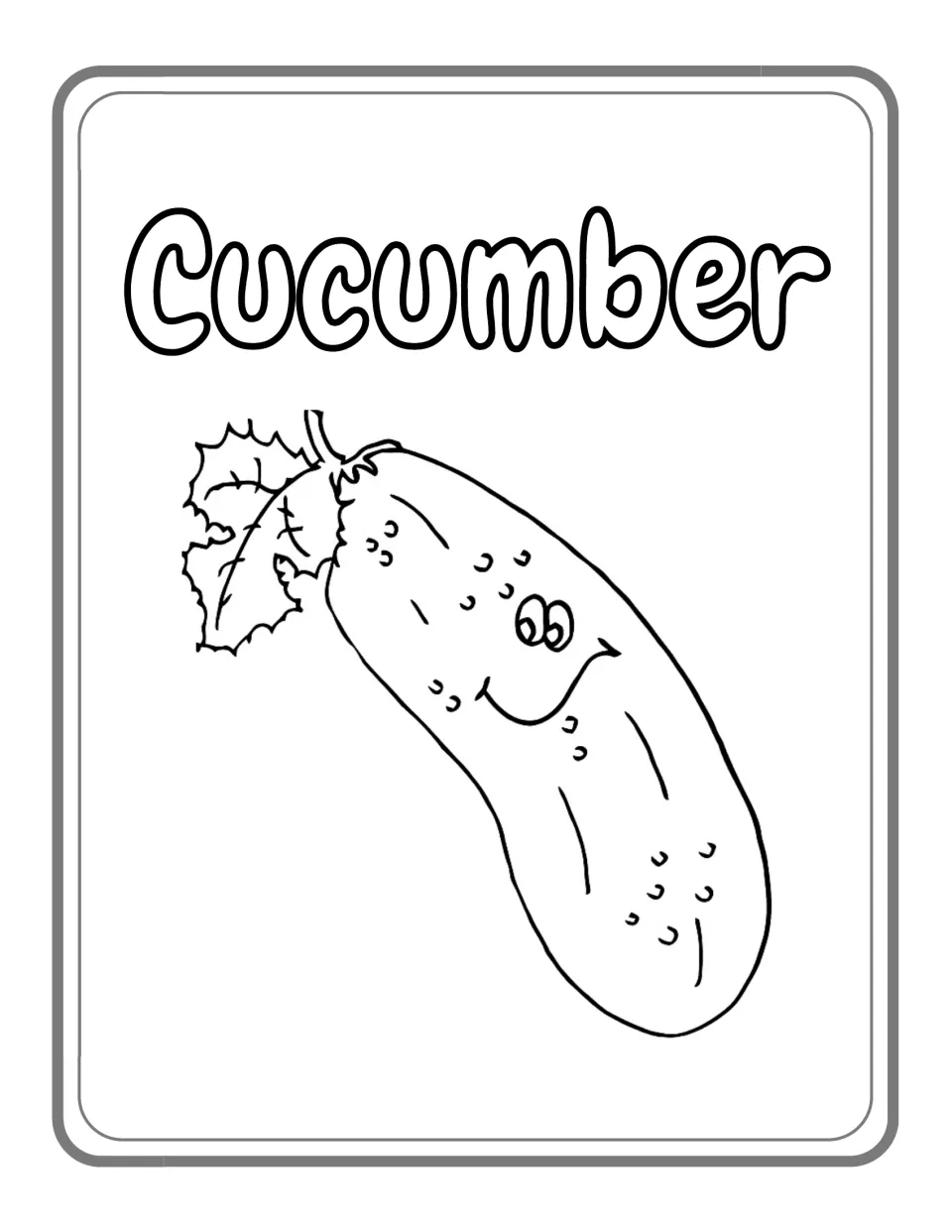 Cucumber coloring page: students color a smiling cartoon cucumber with eyes, bumpy dots and a leaf at its stem end
