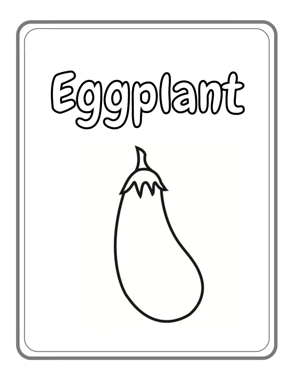 Eggplant coloring page: students color one plump eggplant with a pointed spiky cap and short stem below its name