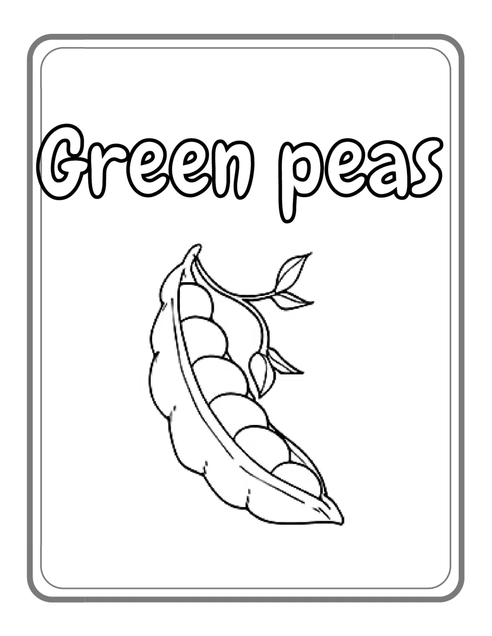 Green peas coloring page: students color an open pea pod showing a row of round peas, with a curling vine and leaves