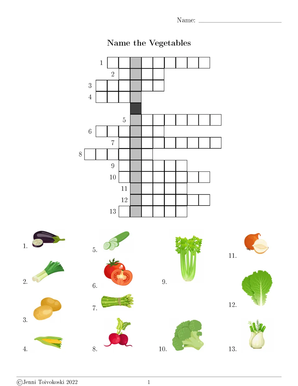 Name the Vegetables: students identify 13 pictured vegetables, such as leek and celery, and spell each in the crossword