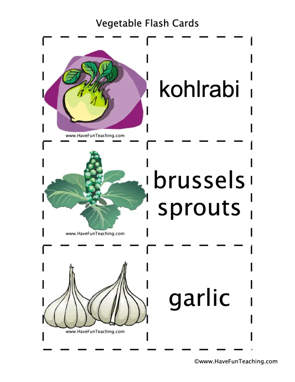 Vegetable names: cut-apart picture and word cards for kohlrabi, brussels sprouts and garlic to match and read aloud