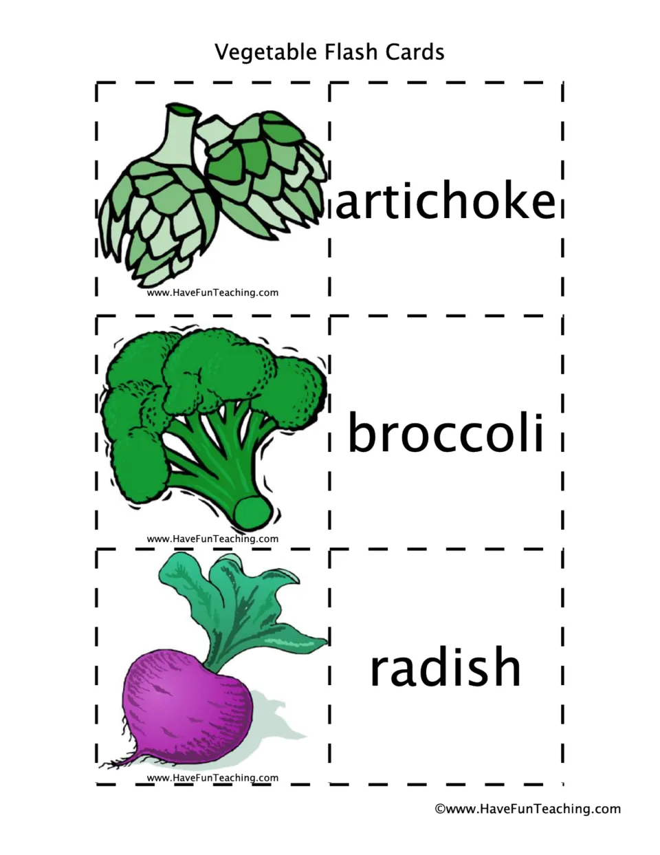 Vegetable vocabulary: students match pictures of artichoke, broccoli and radish to their printed names on cut-out cards