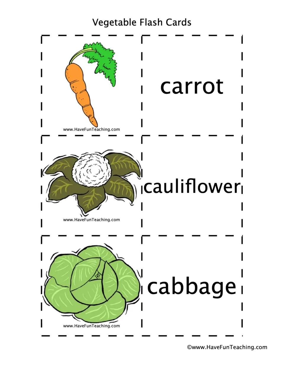 Naming vegetables: picture cards of a carrot, cauliflower and cabbage beside word cards for picture-word matching