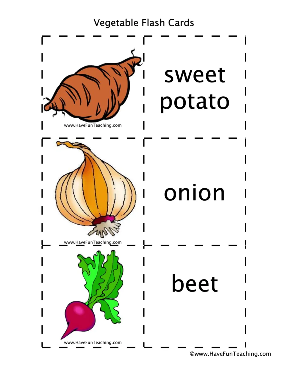 Root and bulb vegetables: sweet potato, onion and beet pictures paired with their names for students to cut and match