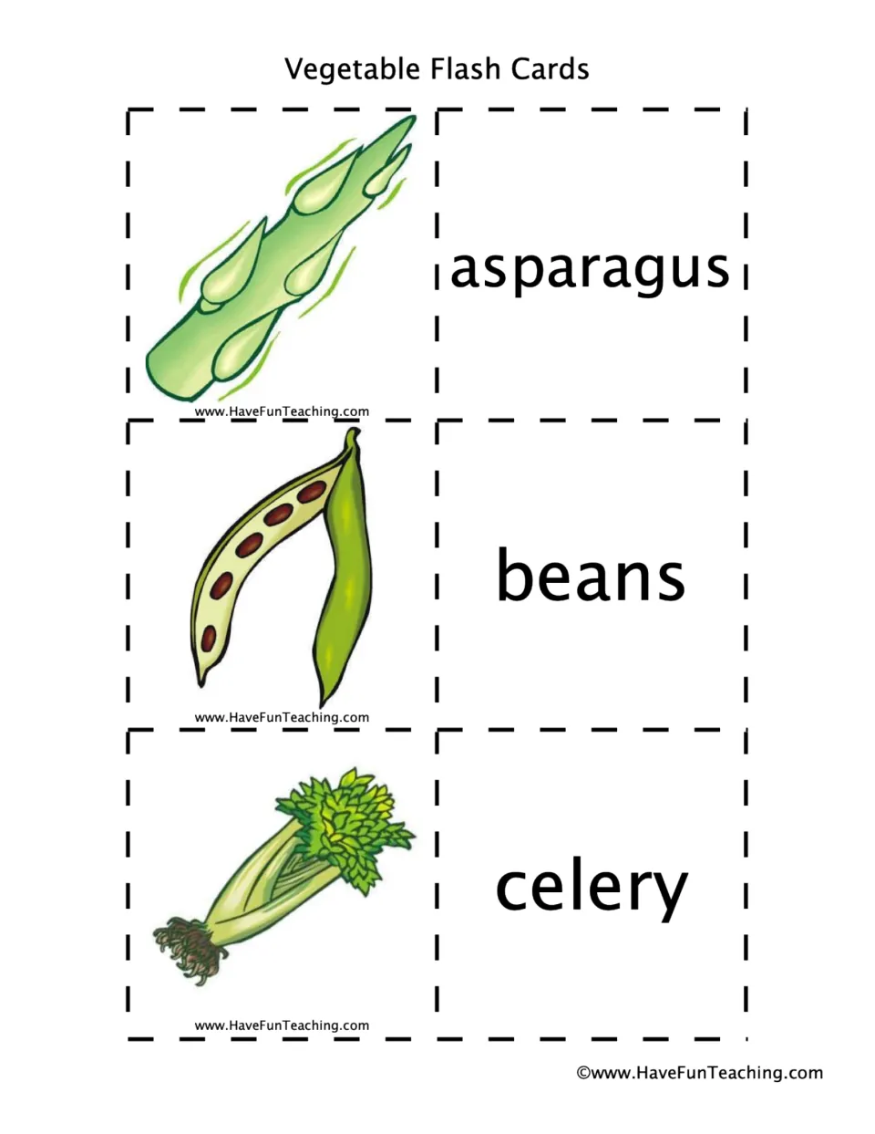 Vegetable words: asparagus, beans and celery illustrations with name cards students cut apart to practise word recognition