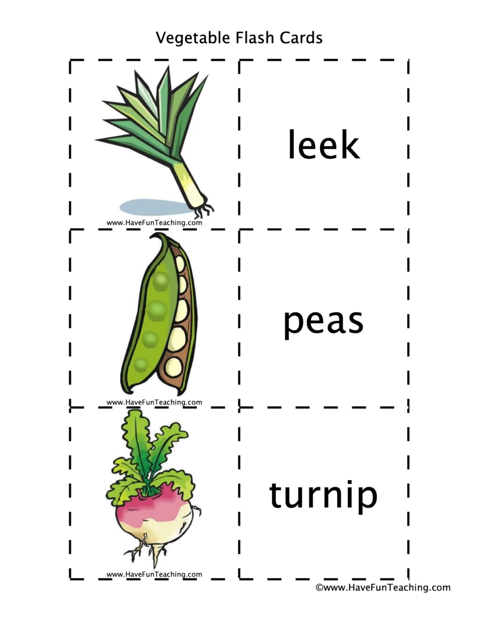Garden vegetable vocabulary: leek, peas and turnip drawings next to their names, cut apart for picture-word matching