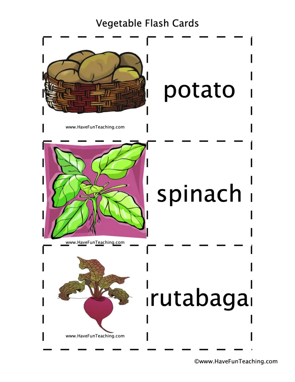 Vegetable recognition: a basket of potatoes, spinach leaves and a rutabaga shown with their names on cut-apart cards